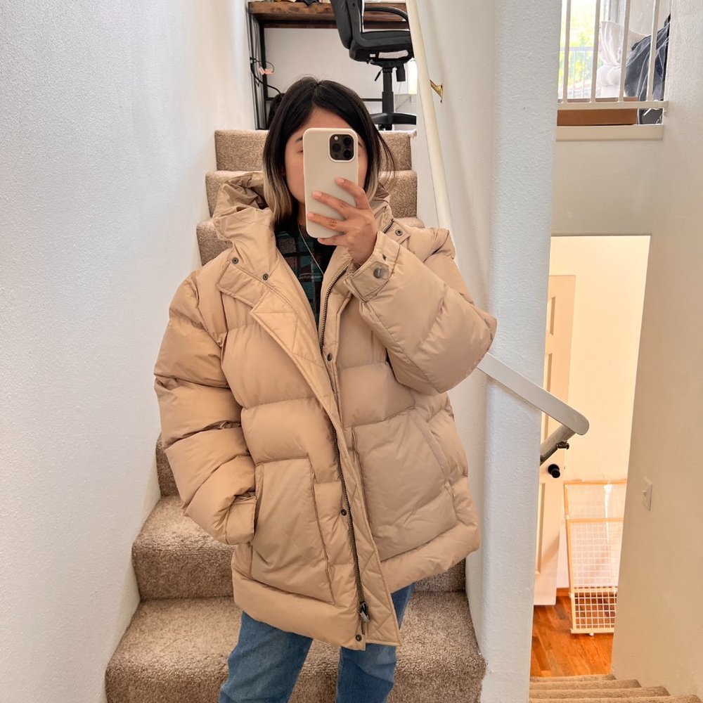 Anine Bing Asher Hooded Puffer Jacket In Beige SAMPLE S